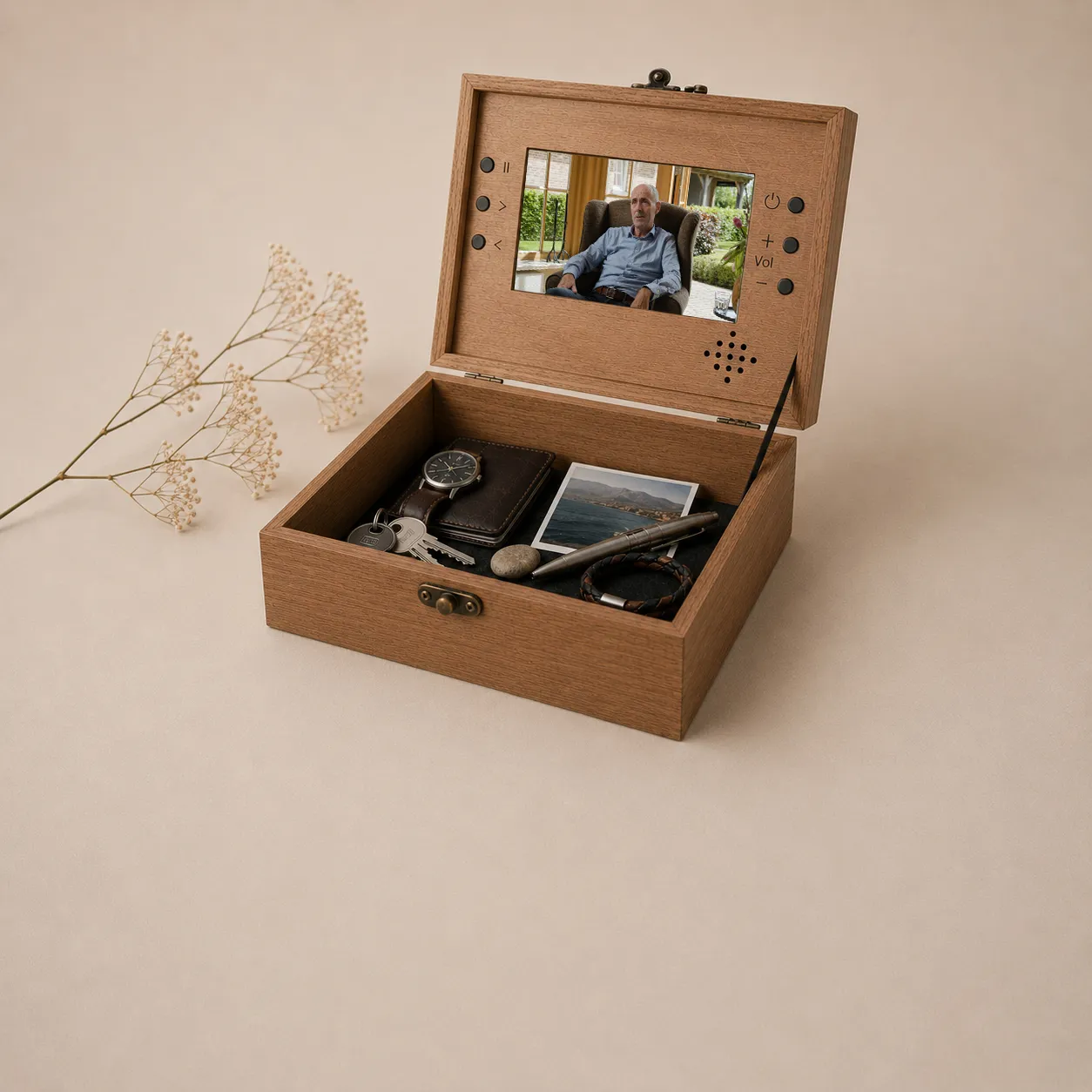 De geopende herinneringendoos met een horloge, een foto, sleutels en een sieraad erin